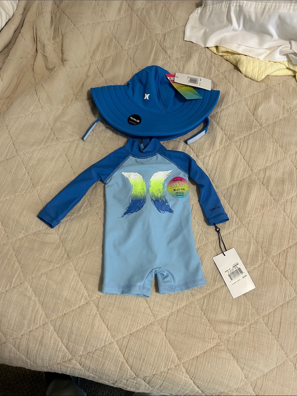 Hurley Light Blue and Royal Blue UPF Swim Sunsuit with Matching Blue Sun Hat